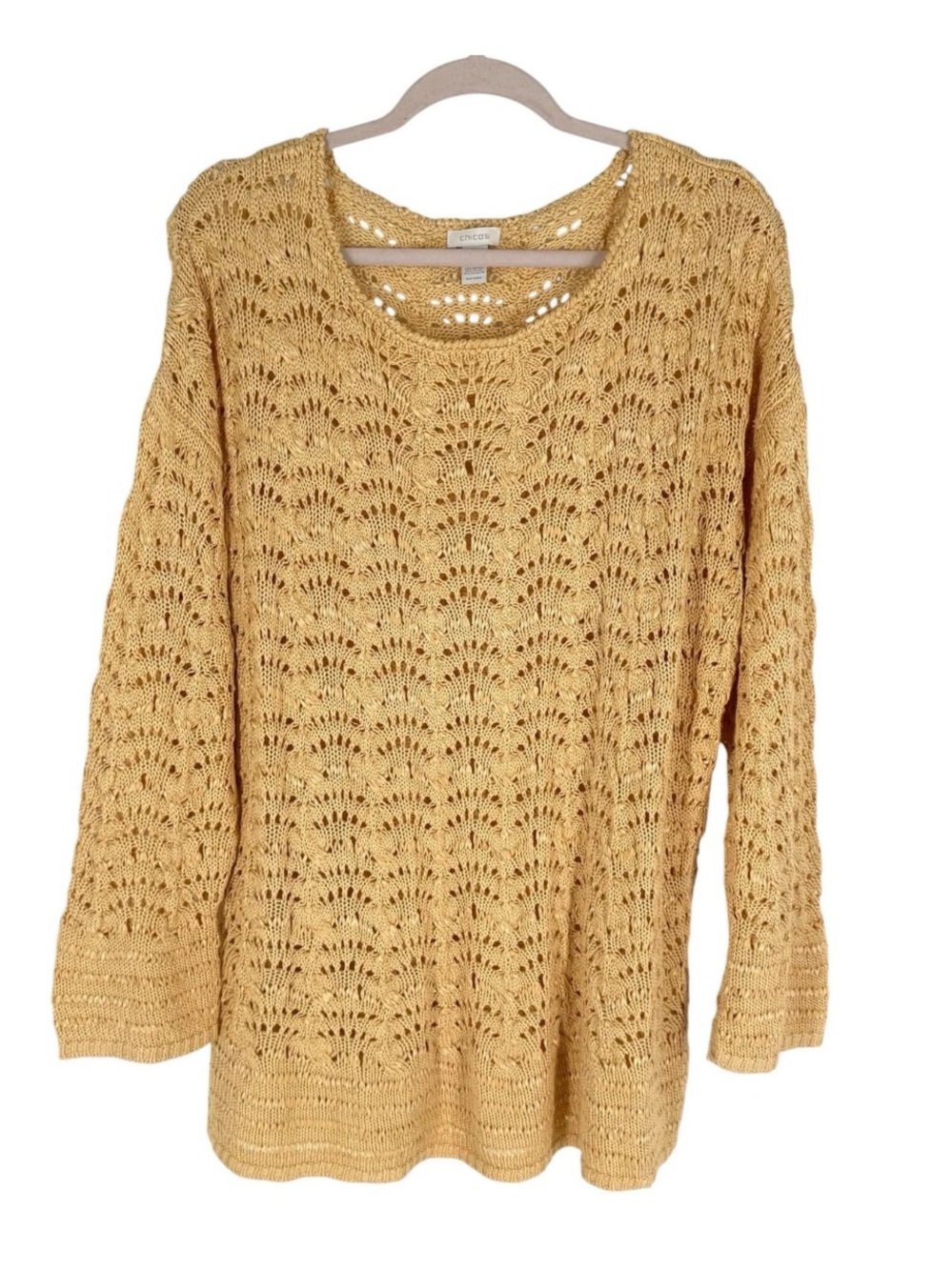 Chicos Open Knit Sweater Size 4 Yellow Cotton Ribbon Pointelle Womens XXL
